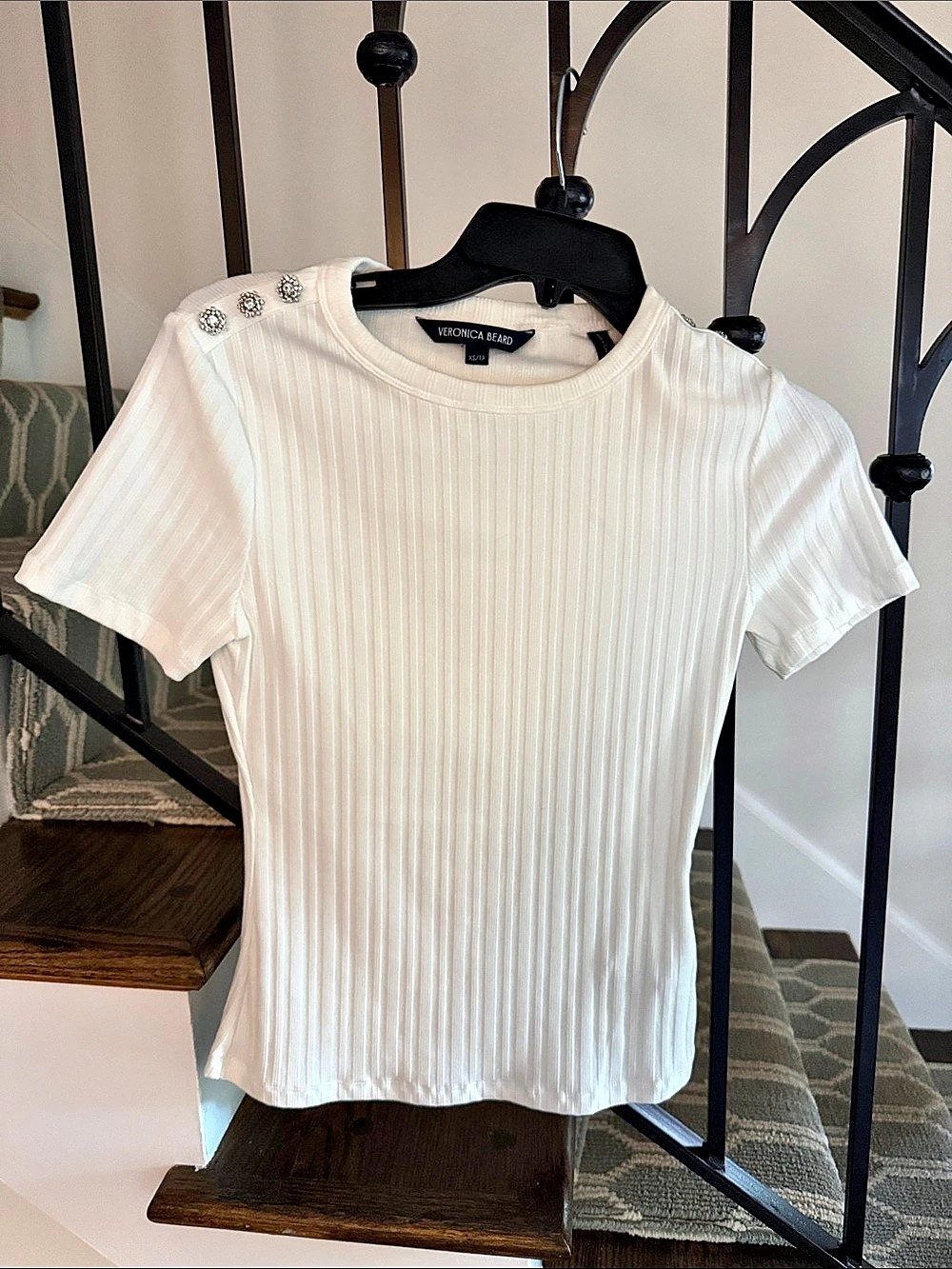 Veronica Beard Draya Rhinestone Button Tee White XS